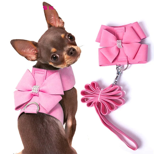 Soft Suede Leather Harness with Leash, Bow, and Rhinestones